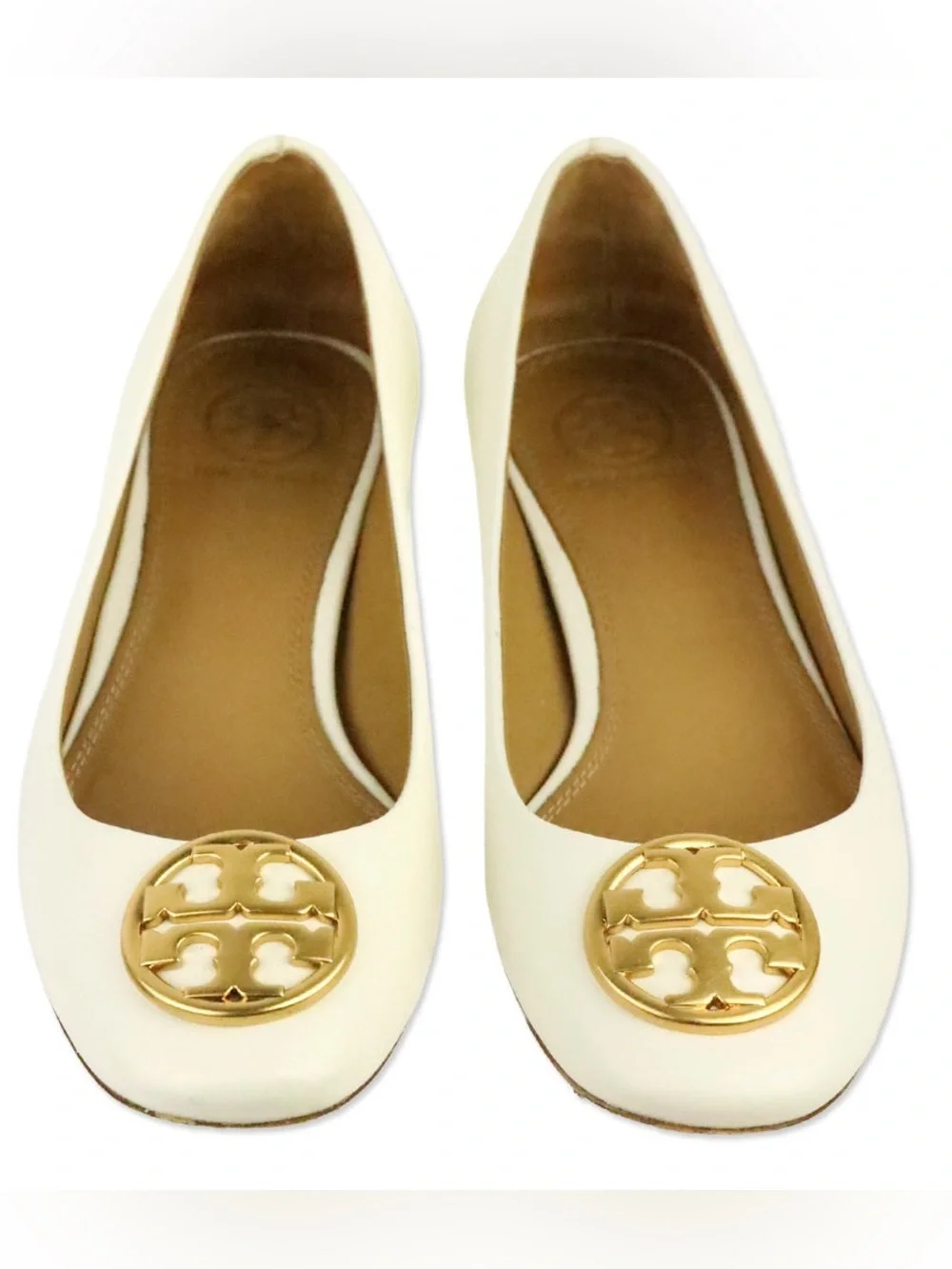 TORY BURCH WHITE GOLD LOGO CHELSEA HEELED BALLET FLATS 7US